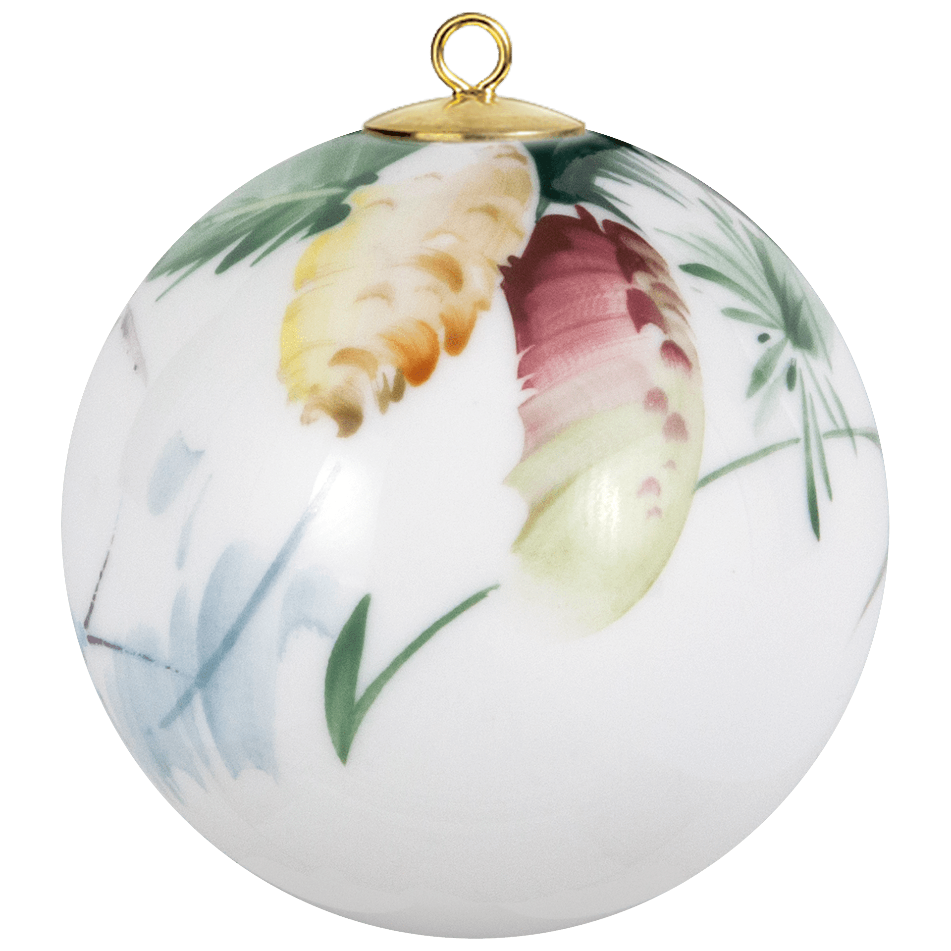 Kugel, Waldflora mit Insekten, Fichtenzapfen, weißer Rand, Ø 5 cm | Meissen Zweigschmuck Kugel Kollektion 61C021 - 55M09 - Meissen Weimar