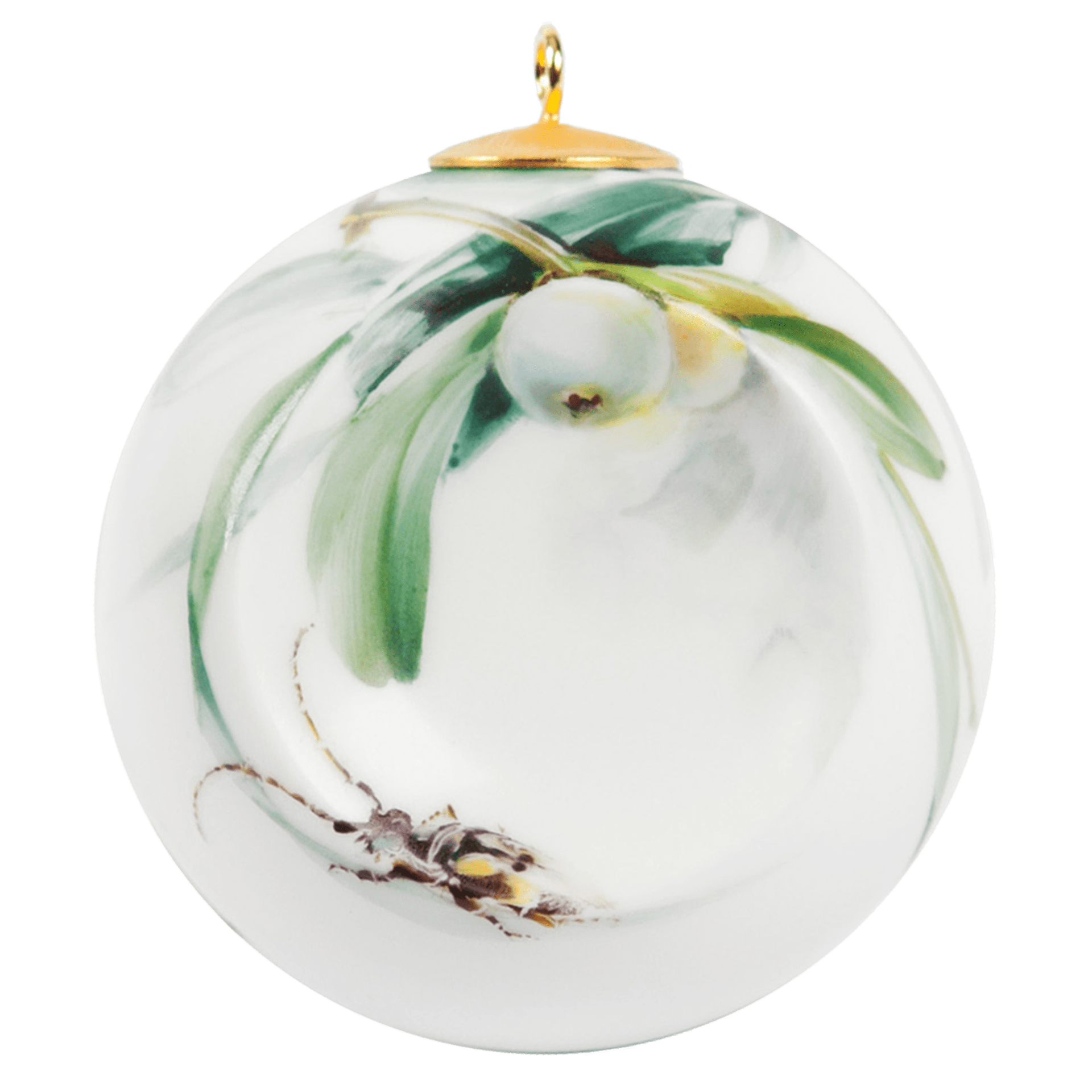 Kugel, Waldflora mit Insekten, Mistelzweig, weißer Rand, H 5 cm | Meissen Zweigschmuck Kugel Kollektion 61C033 - 55M22 - Meissen Weimar