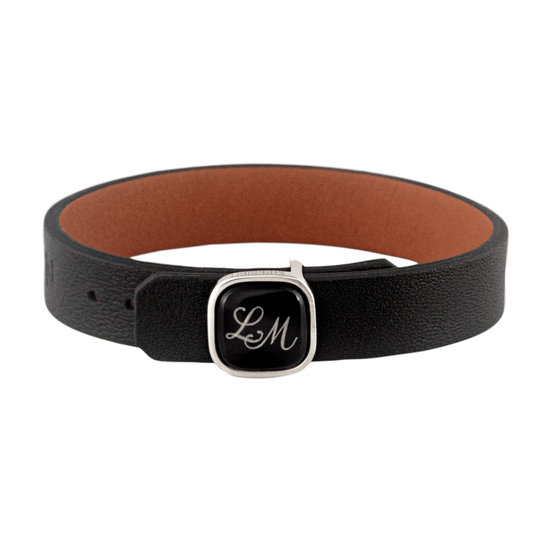 Lederarmband schwarz mit Monogramm in Platin, H 0,3 cm | Meissen Geschenke Individuell mpj60mod979c - Meissen Weimar