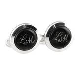Manschettenknöpfe mit Monogramm (2 Buchstaben) in Platin auf schwarzem Fond, 925 Sterlingsilber | Meissen Schmuck Individuell