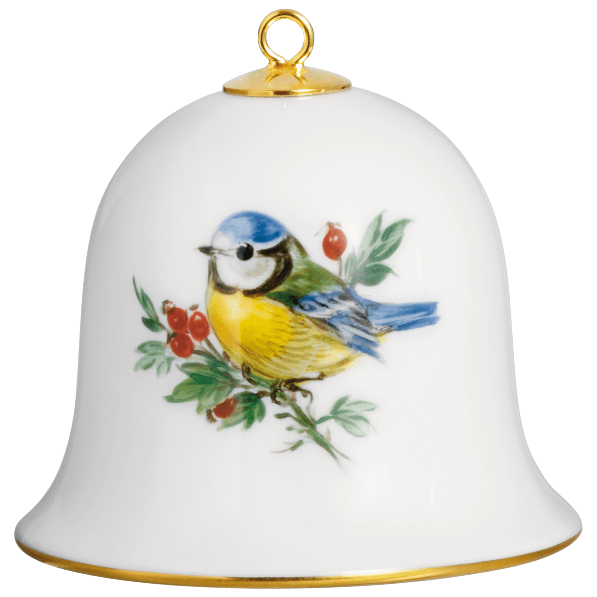 Miniatur - Glocke, Vogelmalerei, Blaumeise, Goldrand, H 5 cm | Meissen Zweigschmuck Glocken Kollektion 26C003 - 55M02 - Meissen Weimar