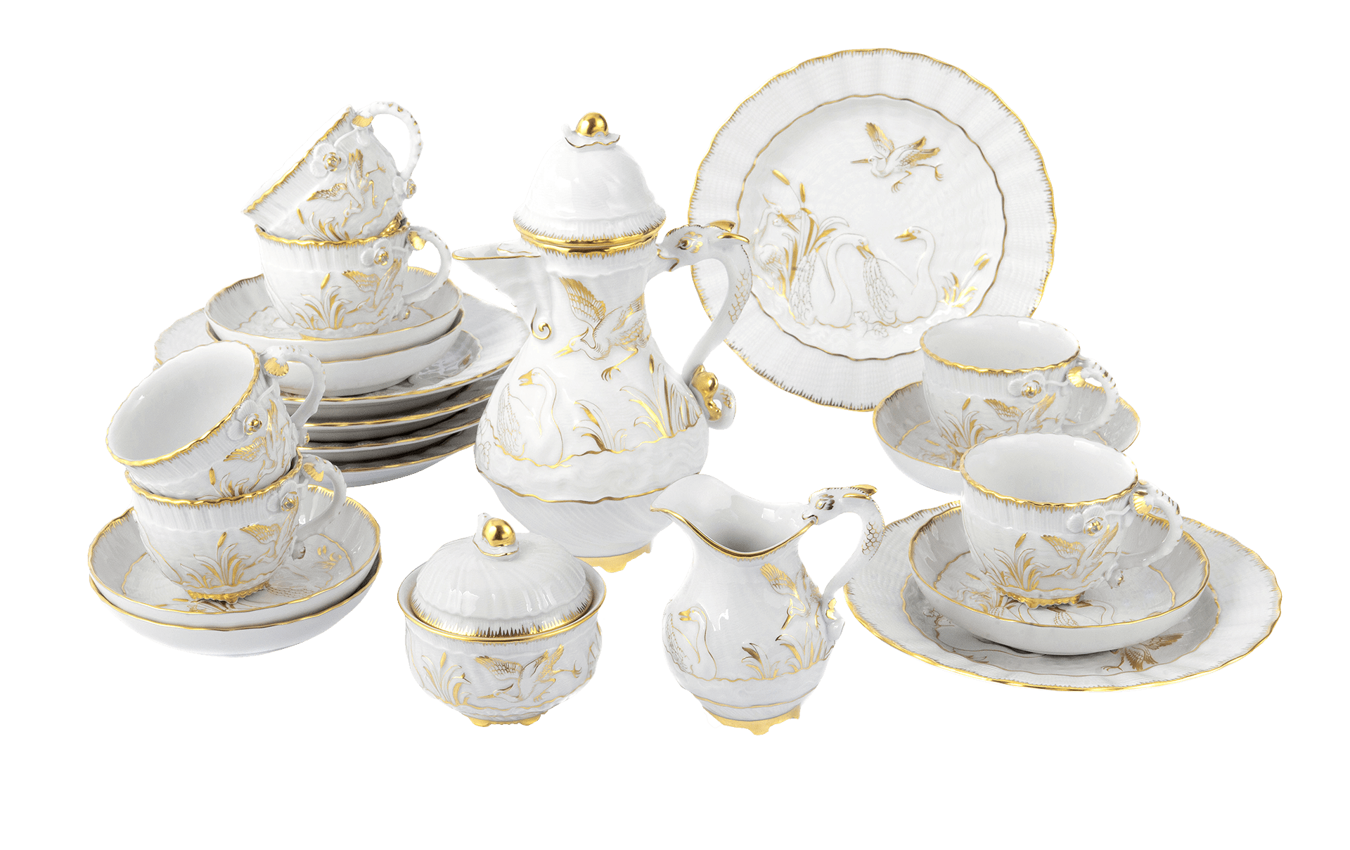 Mokkaservice Schwanendessin Capodimonte, Weiß mit Gold, 18 - teilig | Meissen Limitierte Meisterwerke 398984 - s0537 - Meissen Weimar