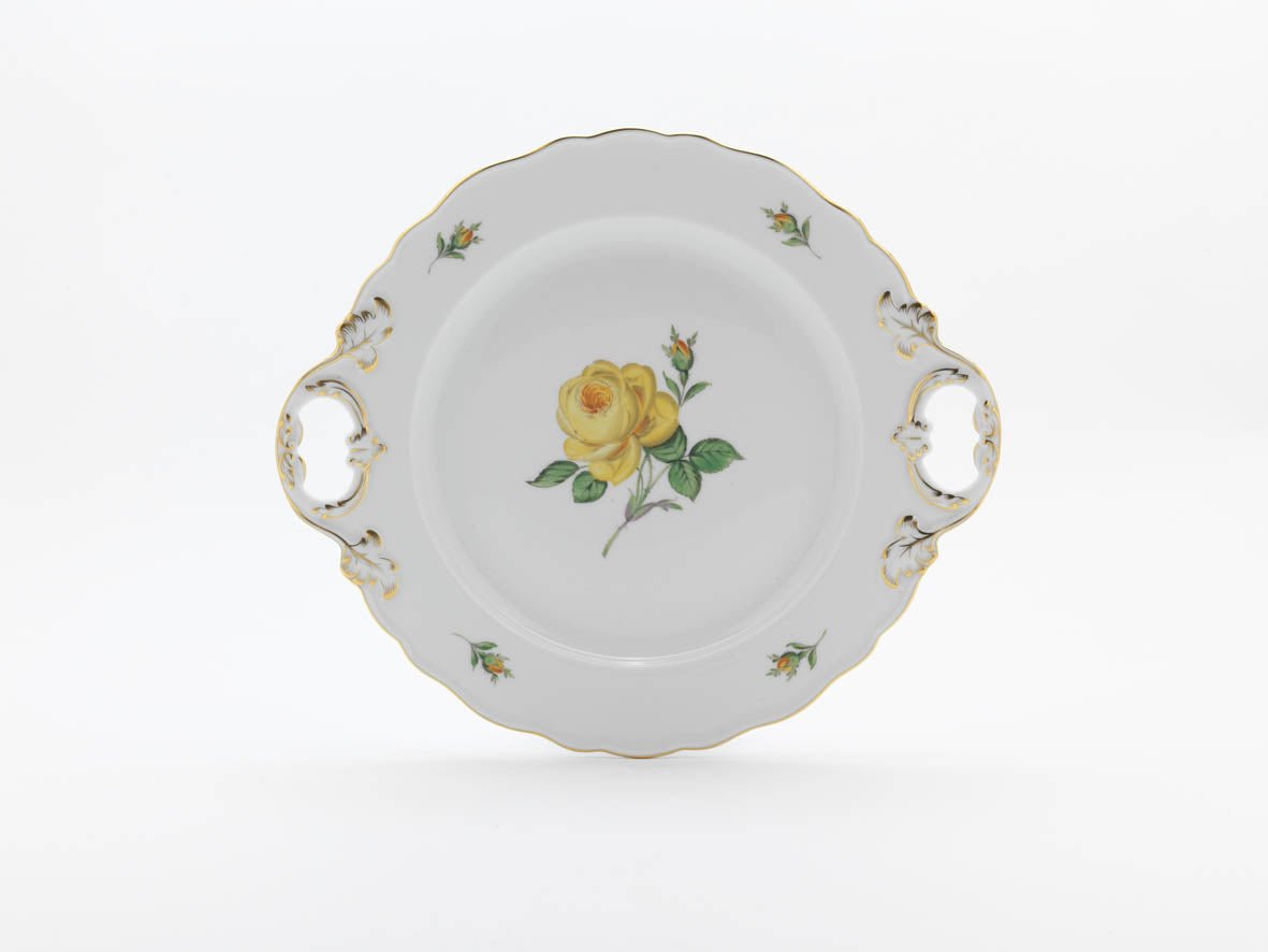 Platte mit Henkel, Rose mitte, gelb, Goldrand, L 30 cm | Meissen Neuer Ausschnitt 020610 - 53288 - Meissen Weimar