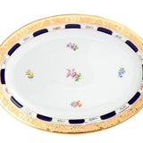 Platte, oval, gestreute Blümchen, königsblau glasiert, Goldbronze, L 36 cm | Meissen X-Form