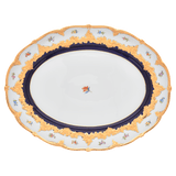 Platte, oval, gestreute Blümchen, königsblau glasiert, Goldbronze, L 40 cm | Meissen B-Form