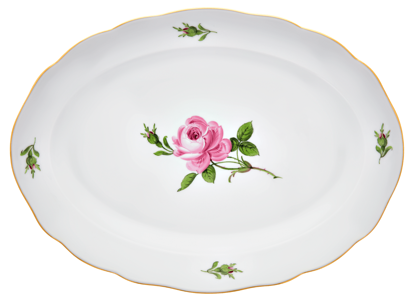 Platte, oval, Rose mitte, bunt, Goldrand, L 35 cm | Meissen Neuer Ausschnitt 020110 - 00308 - Meissen Weimar