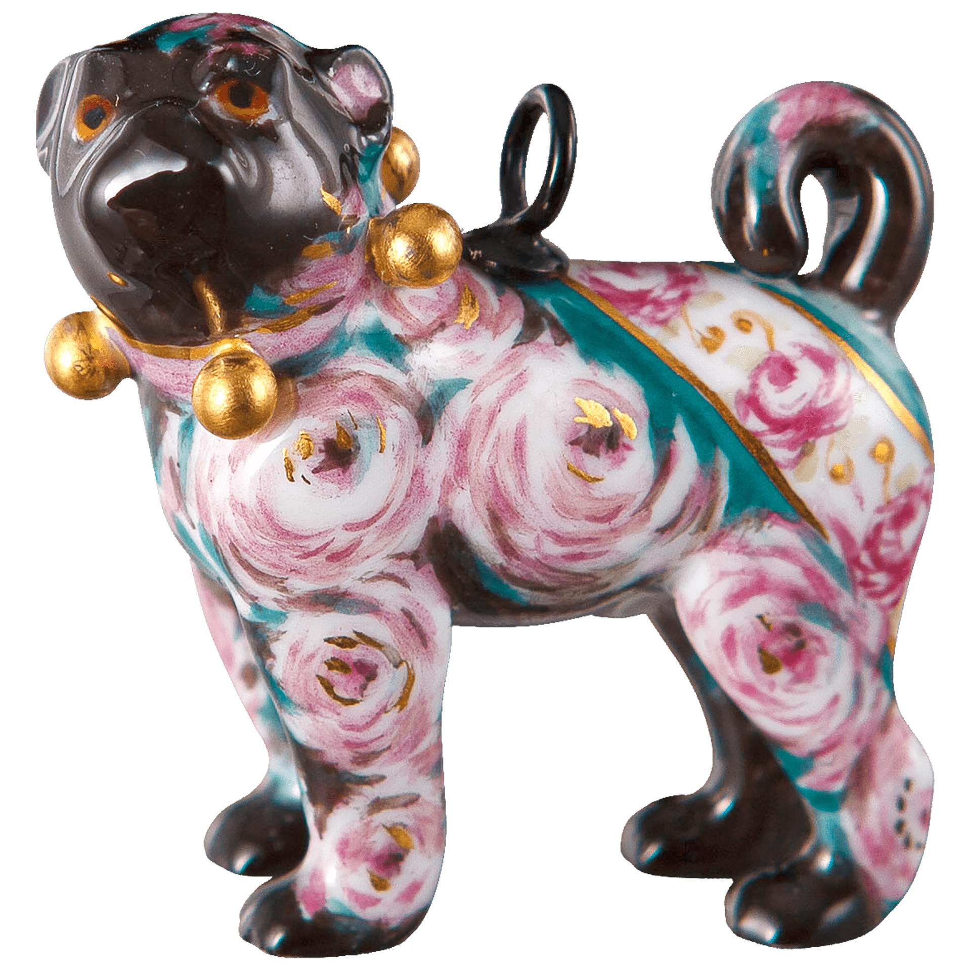 Porzellananhänger Mops Schwarz mit Rosen, H 3,4 cm | Meissen Porzellananhänger 90a277-78m23 - Meissen Weimar