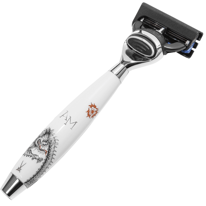 Rasierer mit Gillette Fusion, Porzellangriff, Ming Drache, Monogramm, H 14,5 cm | Mühle Edition Meissen