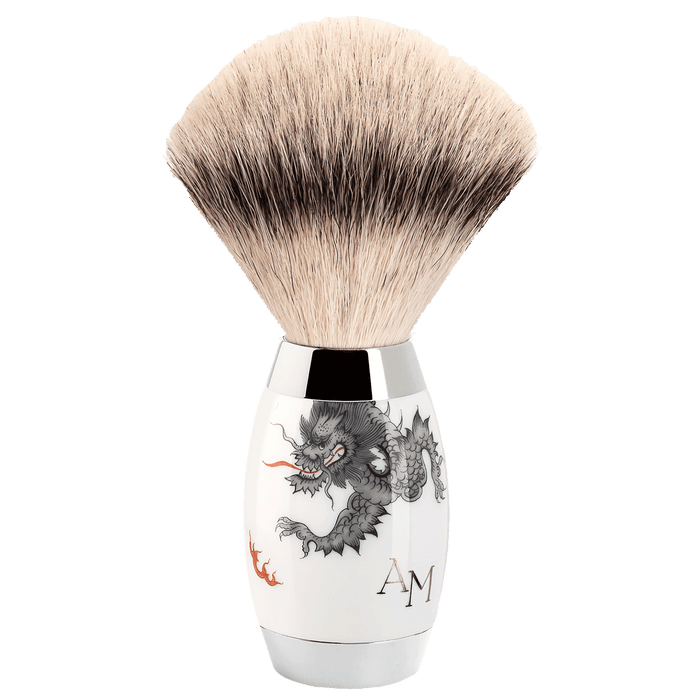 Rasierpinsel mit Silberspitz Dachszupf, Porzellangriff, Ming Drache, Monogramm, H 12,8 cm | Mühle Edition Meissen