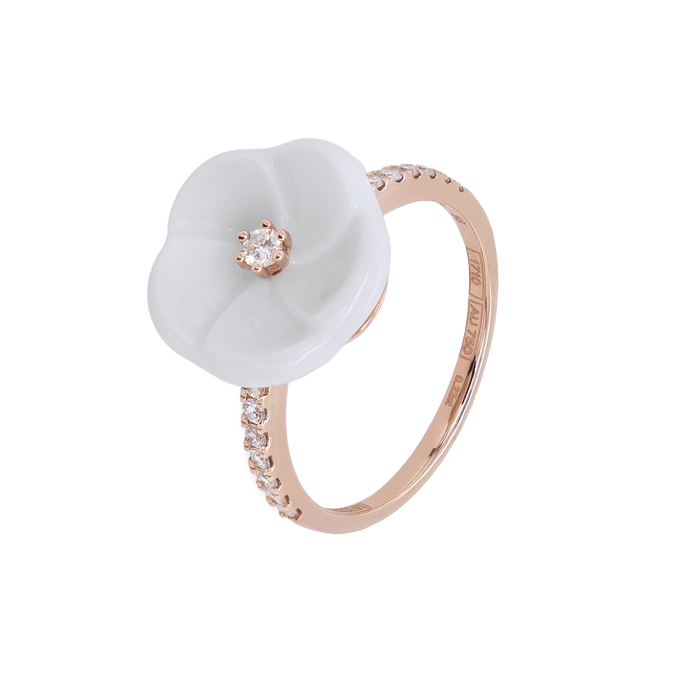 Ring, 750 Roségold, 1 Porzellanblüte M, 15 Brillanten zus. 0,22 ct, VS, fw, Vollschliff Gut | Meissen Royal Blossom Diamond