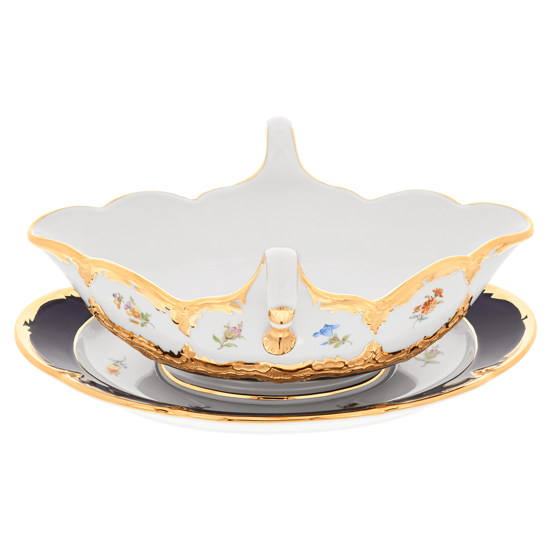 Sauciere, gestreute Blümchen, königsblau glasiert, Goldbronze, V 0,45 l | Meissen B - Form 011079 - 15228 - Meissen Weimar
