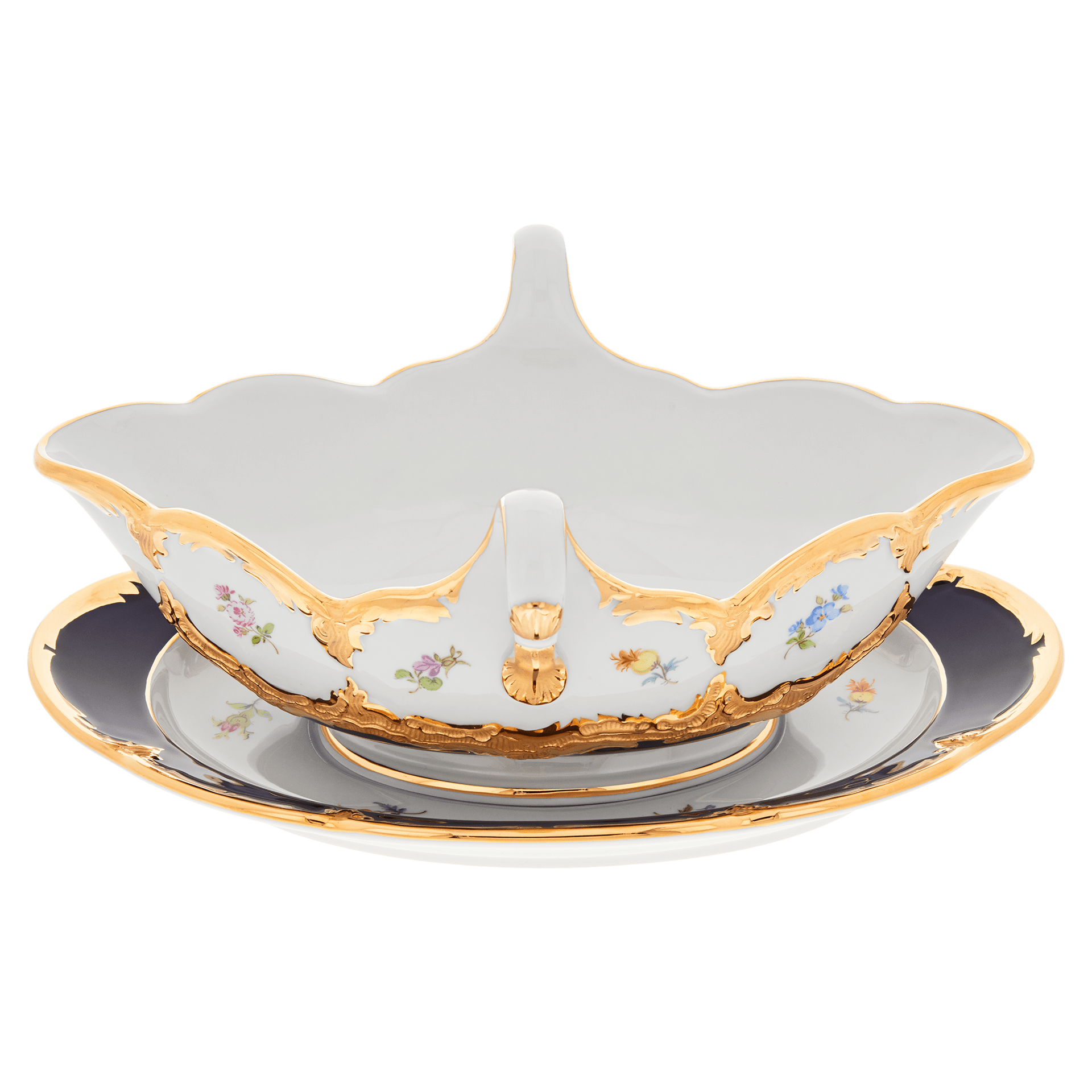 Sauciere, gestreute Blümchen, königsblau glasiert, Goldbronze, V 0,45 l | Meissen B - Form 011079 - 15228 - Meissen Weimar