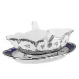 Sauciere, Gestreute Röschen, weiß-grau, königsblau, Glanzplatin, V 0,45 l | Meissen B-Form