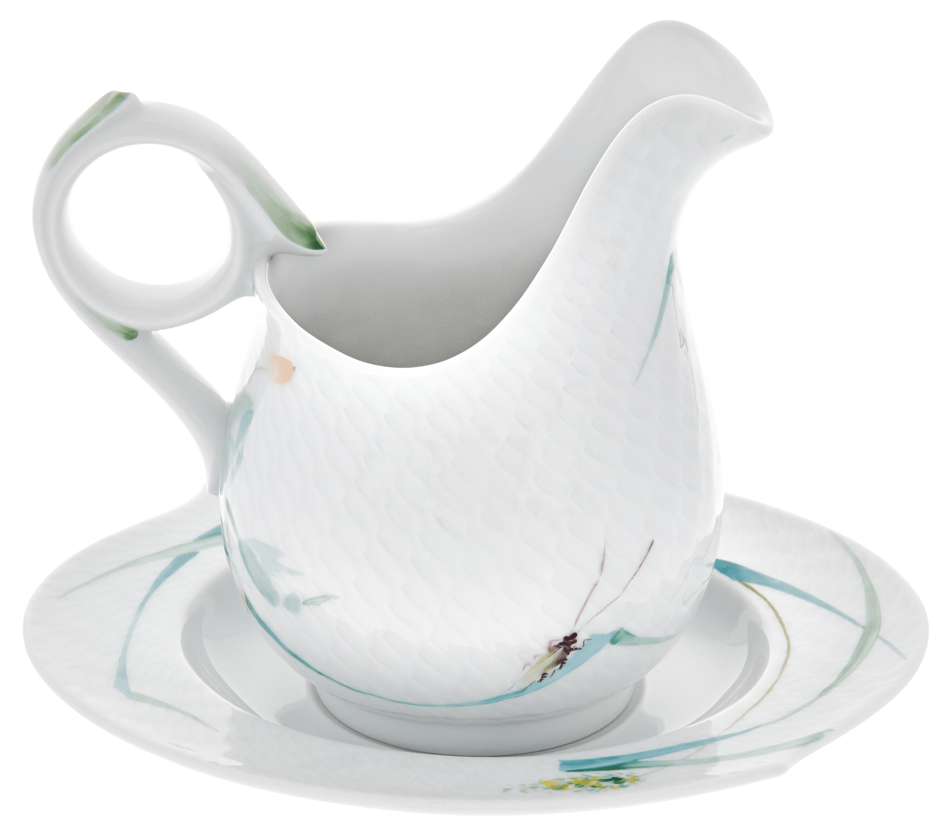 Sauciere mit Unterteller, Waldflora, H 15,3 cm, 0,45 l | Meissen Wellenspiel Relief 614501 - 29225 - Meissen Weimar