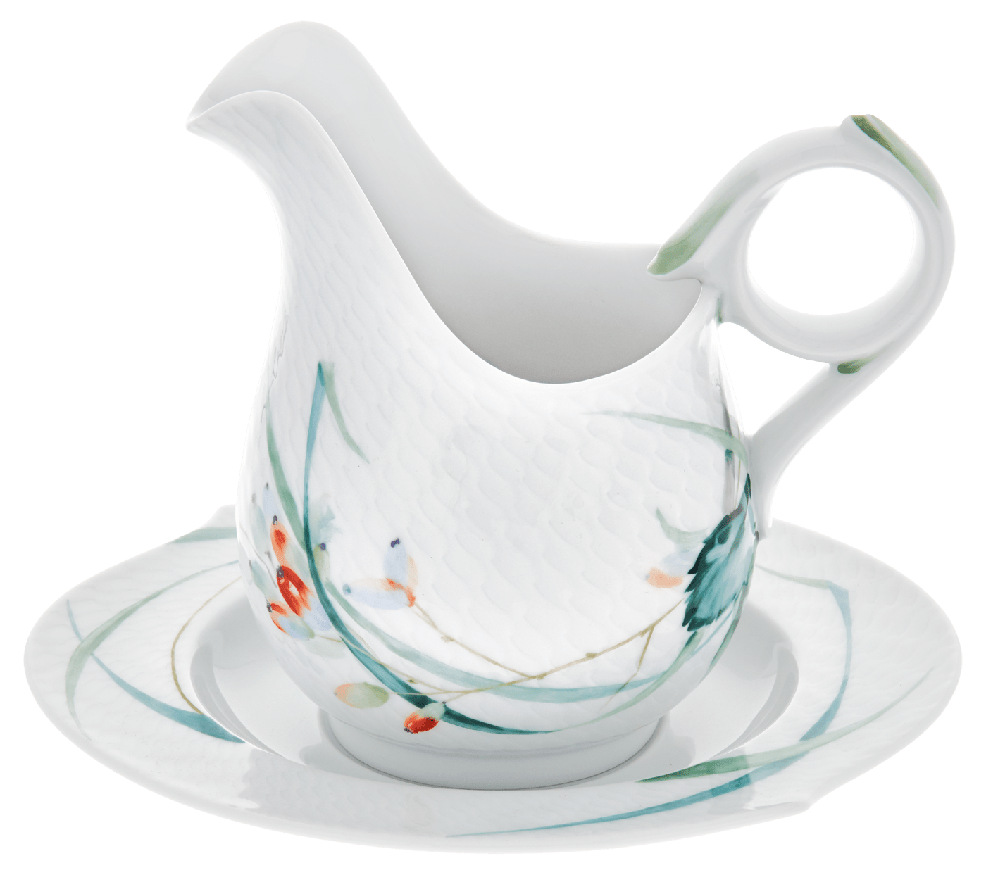 Sauciere mit Unterteller, Waldflora, H 15,3 cm, 0,45 l | Meissen Wellenspiel Relief 614501 - 29225 - Meissen Weimar