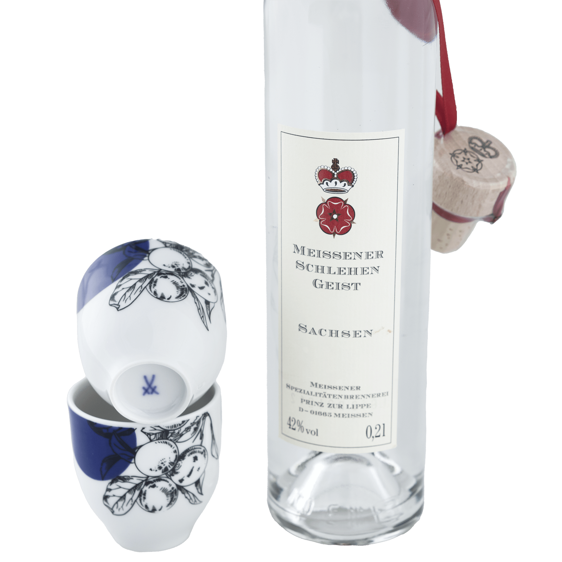 Set, 3 - tlg., Meissener Spezialitätenbrennerei Schlehengeist 0,2 l, 42% vol., Schnapsbecher, Schlehendekoration | Meissen - Set Kollektion Genußwelten 79B371 - 44M13 - Meissen Weimar