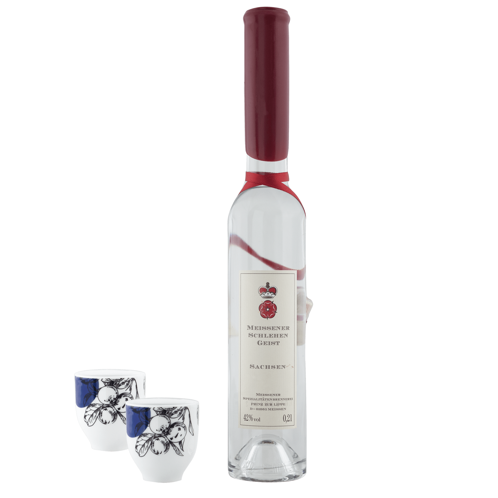 Set, 3 - tlg., Meissener Spezialitätenbrennerei Schlehengeist 0,2 l, 42% vol., Schnapsbecher, Schlehendekoration | Meissen - Set Kollektion Genußwelten 79B371 - 44M13 - Meissen Weimar