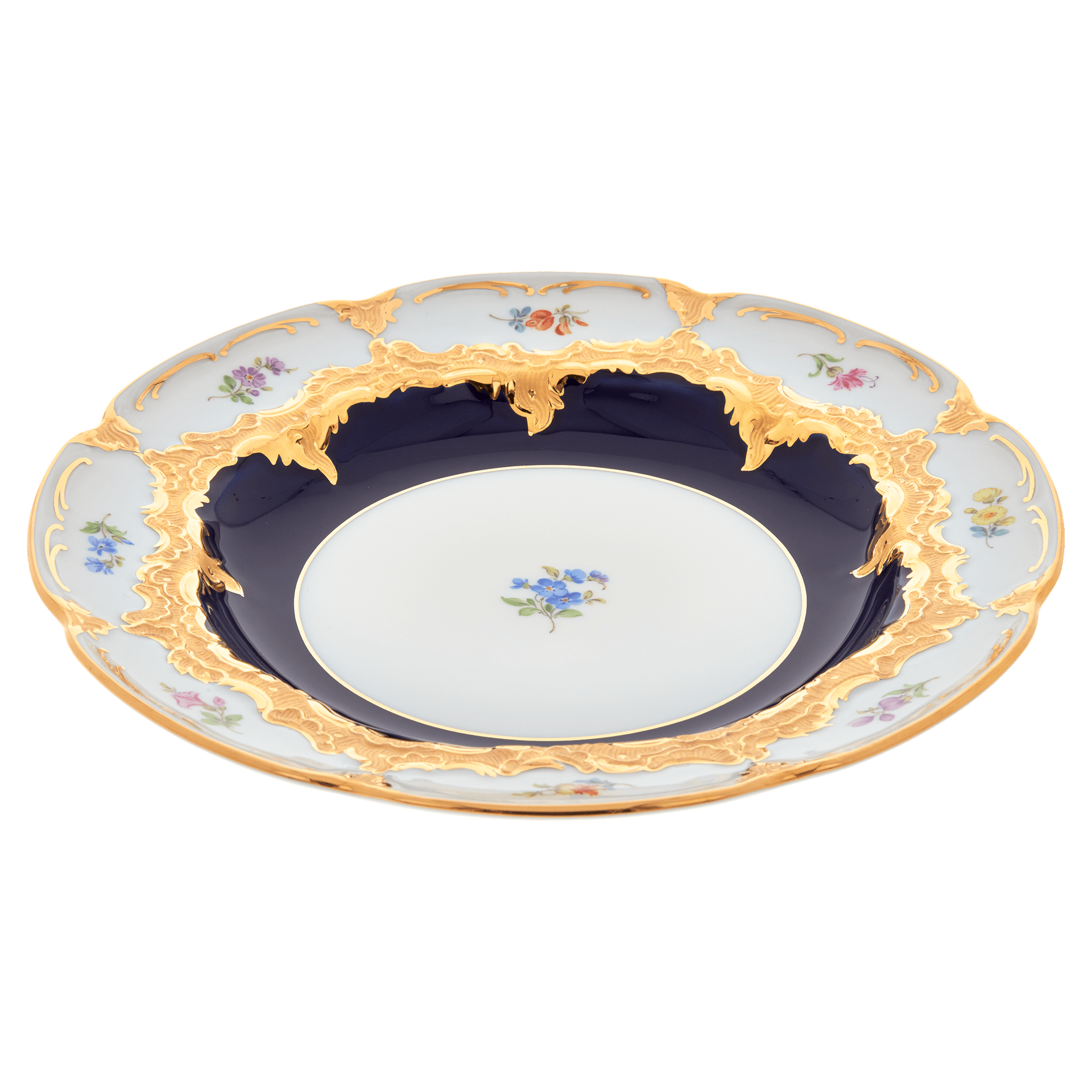 Speiseteller, gestreute Blümchen, königsblau glasiert, Goldbronze, Ø 22 cm | Meissen B - Form 011079 - 15473 - Meissen Weimar