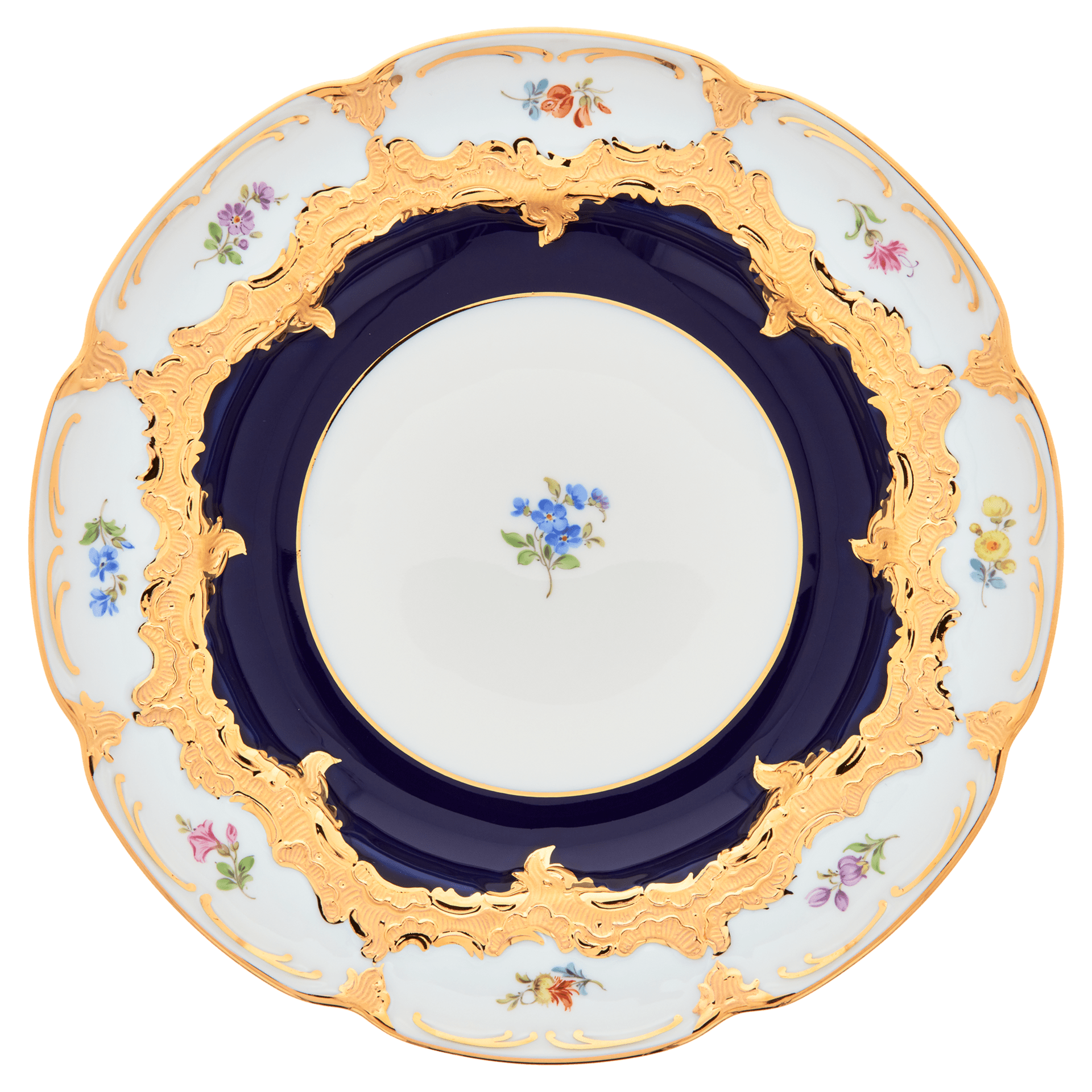 Speiseteller, gestreute Blümchen, königsblau glasiert, Goldbronze, Ø 22 cm | Meissen B - Form 011079 - 15473 - Meissen Weimar
