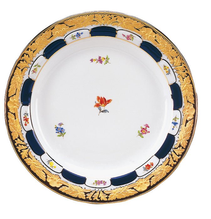 Speiseteller, gestreute Blümchen, königsblau glasiert, Goldbronze, Ø 22,5 cm | Meissen X - Form 011079 - 17473 - Meissen Weimar