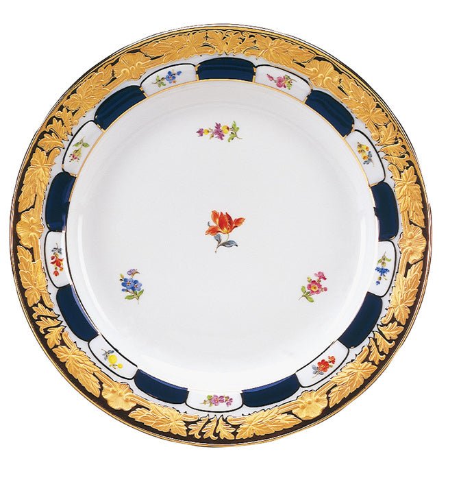 Speiseteller, gestreute Blümchen, königsblau glasiert, Goldbronze, ø 28 cm | Meissen X - Form 011079 - 17479 - Meissen Weimar