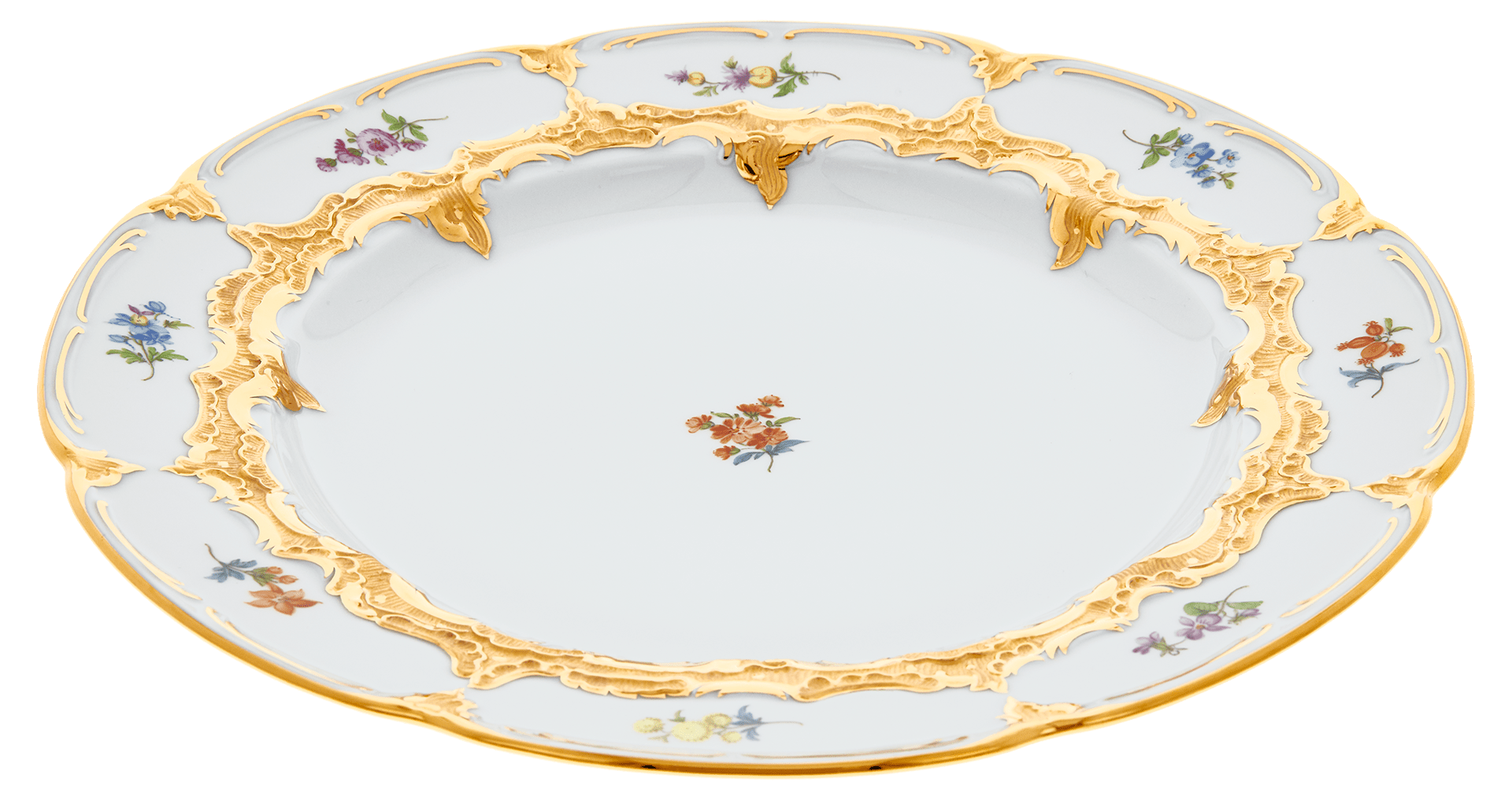 Speiseteller Goldbronze gestreute Blümchen Ø 28,5 cm | Meissen B - Form 010179 - 15479 - Meissen Weimar