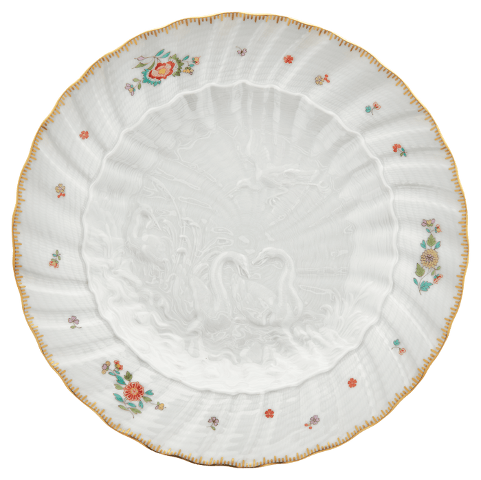 Speiseteller, Indische Blumenzweige, gestreute Blümchen, Goldkante, Goldrand, ø 24,5 cm | Meissen Schwanendessin