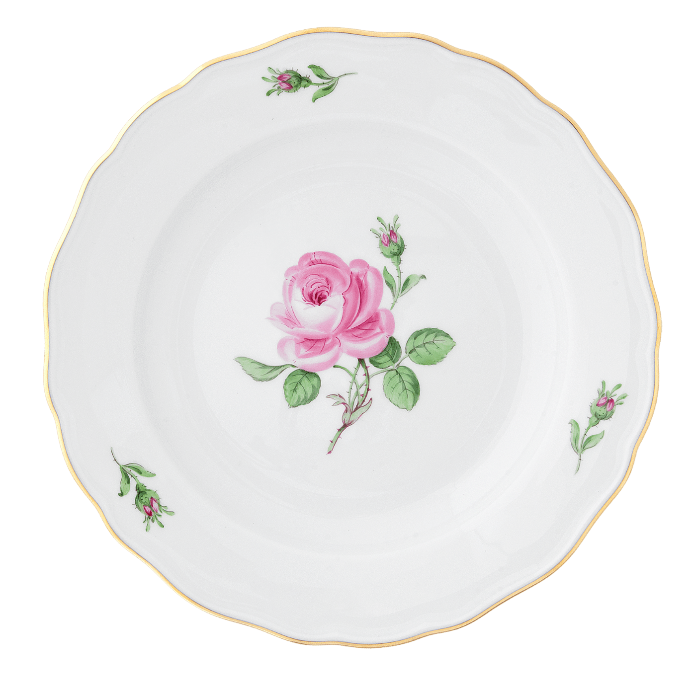 Speiseteller, Rose mitte, bunt, Goldrand, L 25 cm | Meissen Neuer Ausschnitt 020110 - 00475 - Meissen Weimar