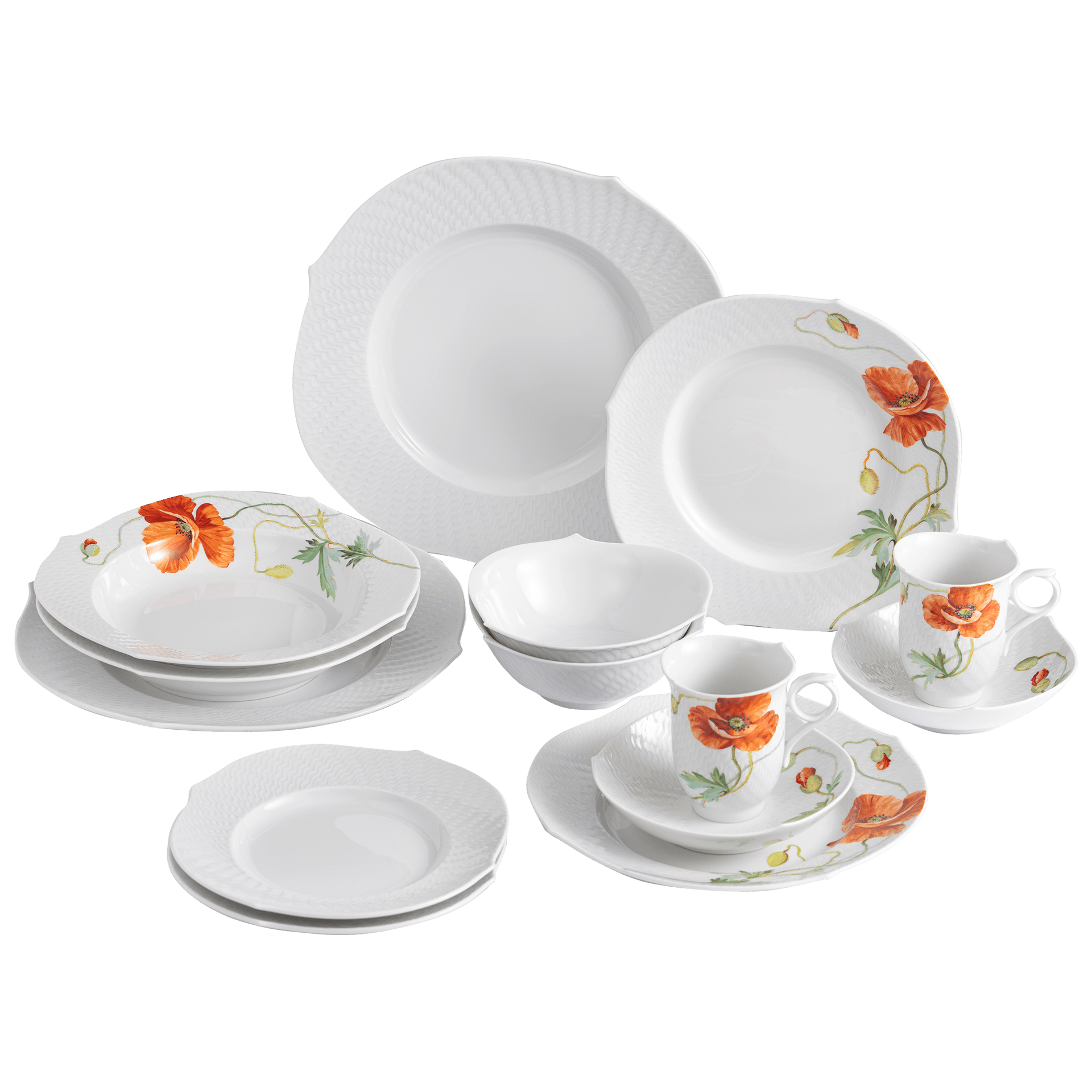 Starter - Set, Dekor Wilder Mohn, 14 - teilig | Meissen Wellenspiel Relief 615201 - c2942 - Meissen Weimar