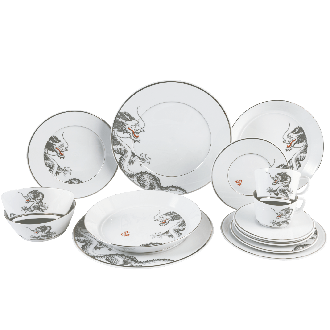 Starter - Set Geschirr 14 - tlg., Glücksdrache, Platinschale | Meissen Vitruv 79a926 - c4307 - Meissen Weimar