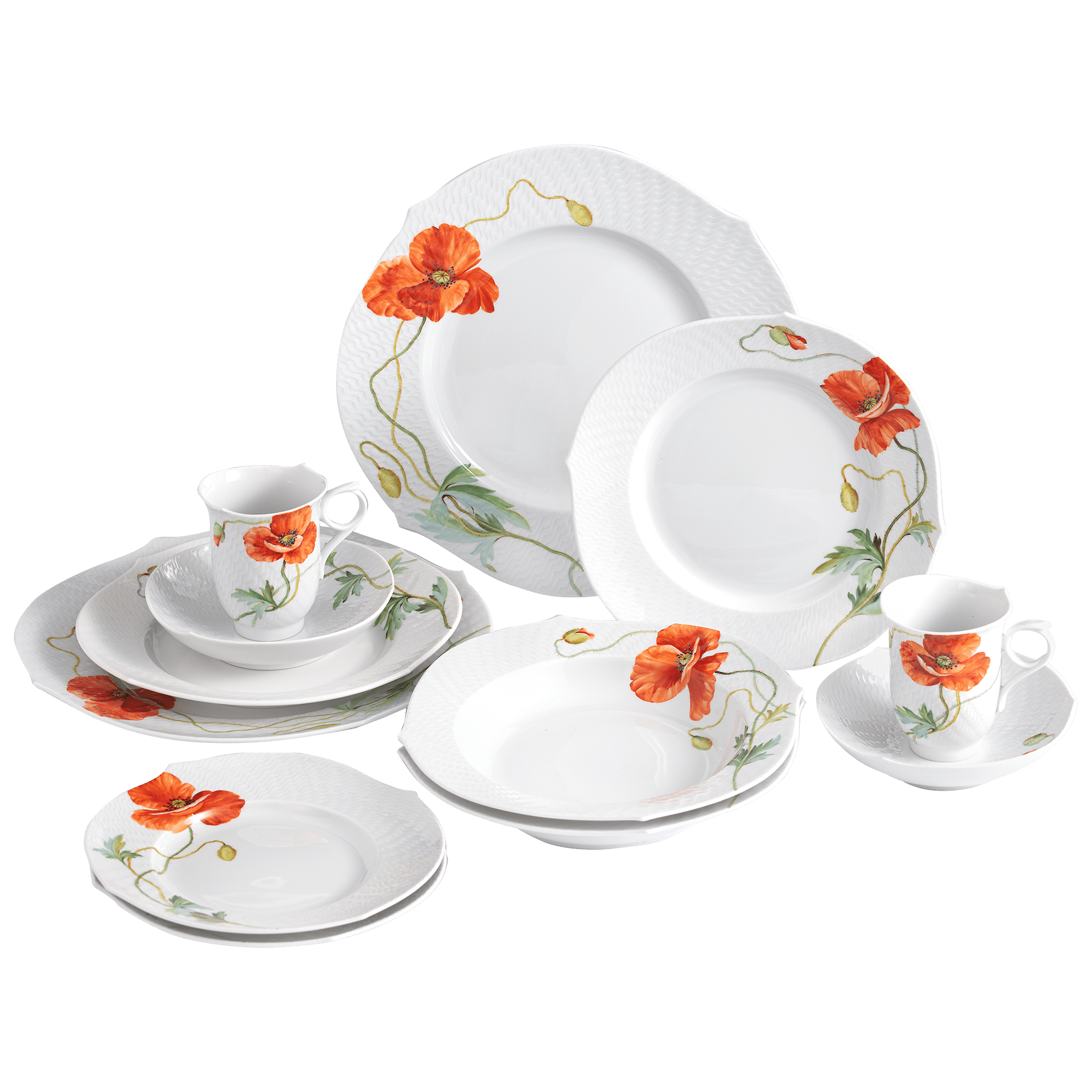 Starter - Set Geschirr Set Wilder Mohn 12 - tlg. | Meissen Wellenspiel Relief 615201 - c2945 - Meissen Weimar