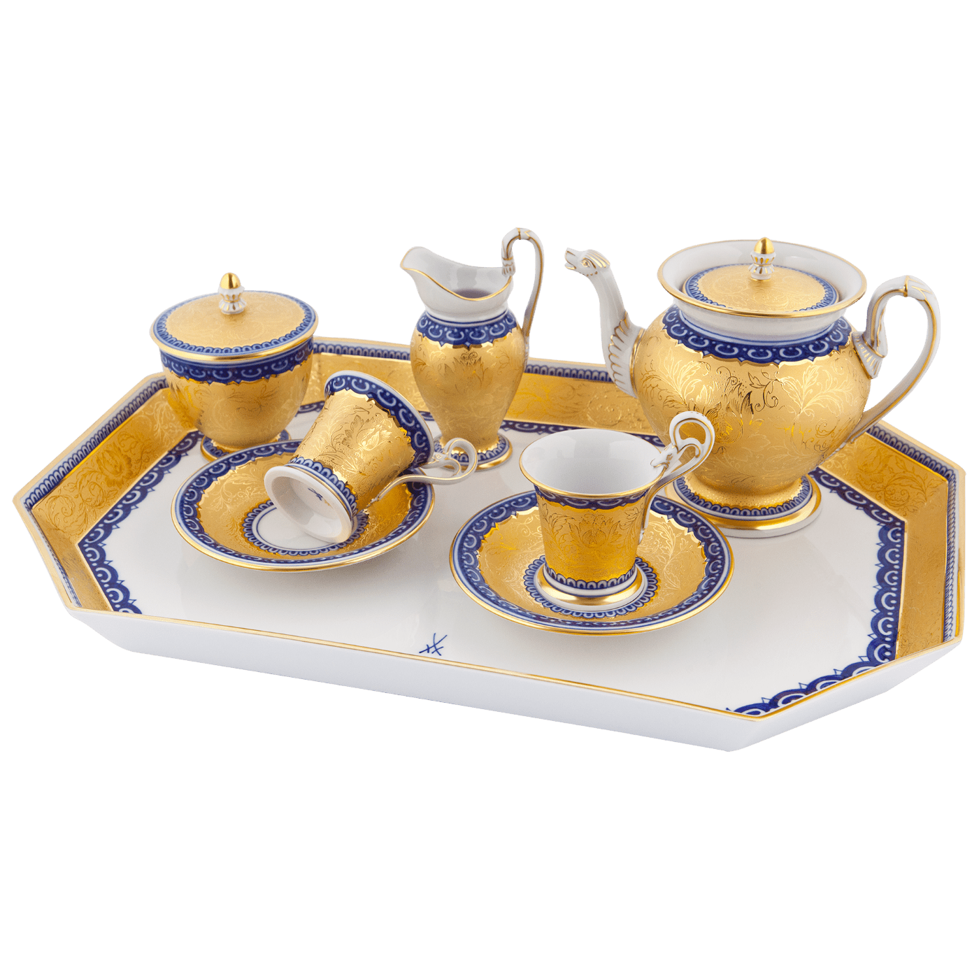 Tafelservice Set Kobaltblaue Kanten mit Brokatmalerei | Meissen Limitierte Meisterwerke 82a484 - c1301 - Meissen Weimar