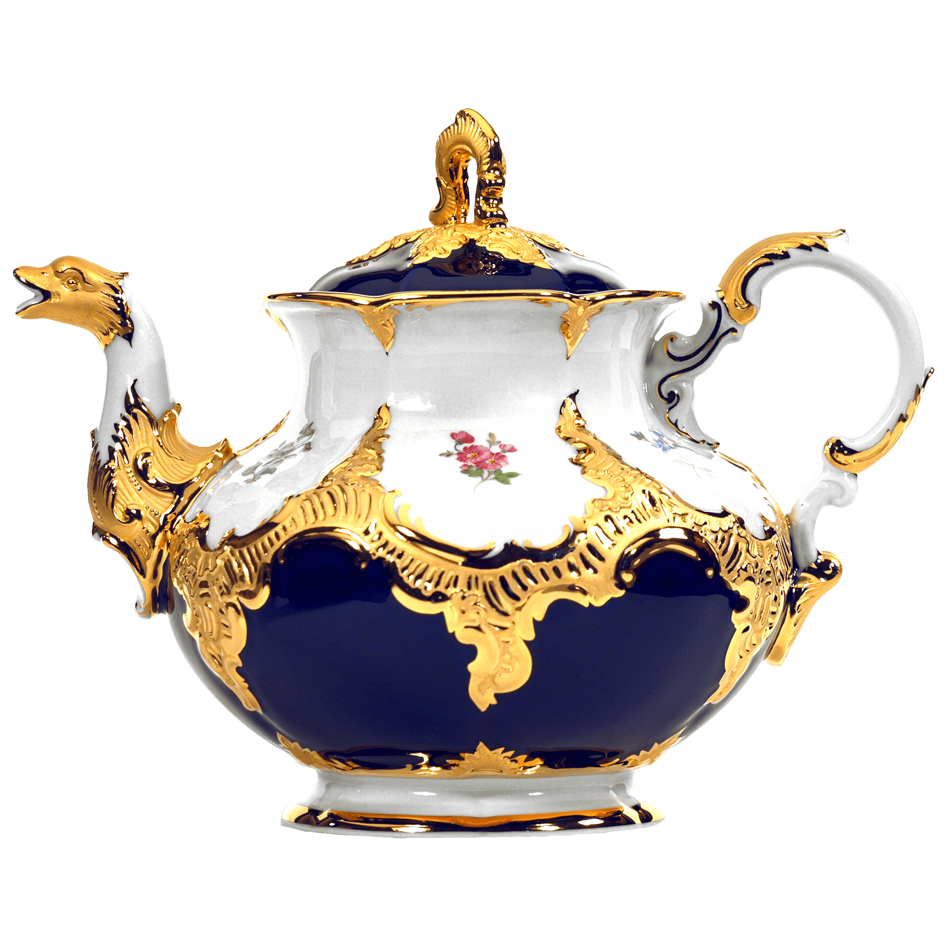 Teekanne, gestreute Blümchen, königsblau glasiert, Goldbronze, V 1,20 l | Meissen B - Form 011079 - 15727 - Meissen Weimar