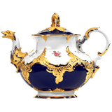 Teekanne, gestreute Blümchen, königsblau glasiert, Goldbronze, V 1,20 l | Meissen B-Form