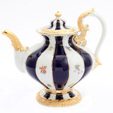 Teekanne, groß, gestreute Blümchen, königsblau glasiert, Goldbronze, V 1,3 l | Meissen X-Form