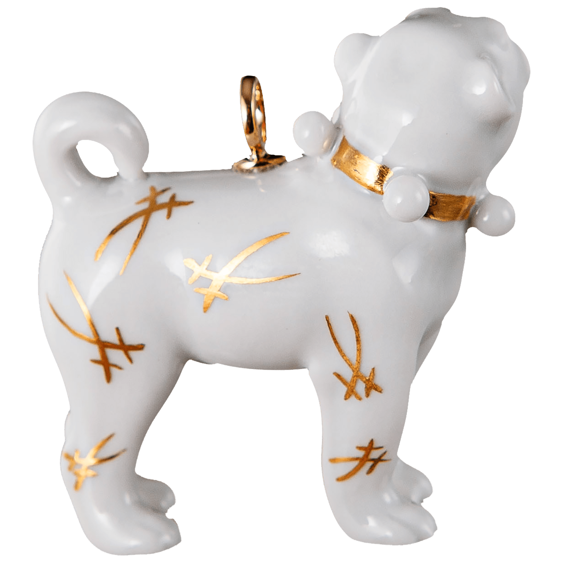 Tieranhänger Mops Schwerter in Gold, H 3,4 cm | Meissen Porzellananhänger 90a271-78m21 - Meissen Weimar