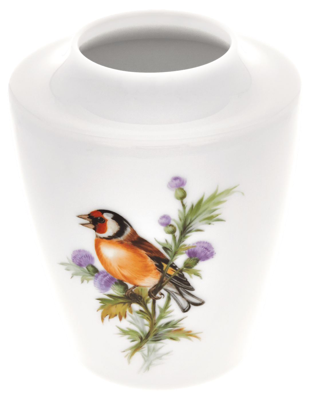 Vase, klein, Vogelmalerei, 3 Stieglitze auf Distelzweig, H 13,5 cm | Accessoires Meissen Cosmopolitan 26C032 - 50532 - Meissen Weimar