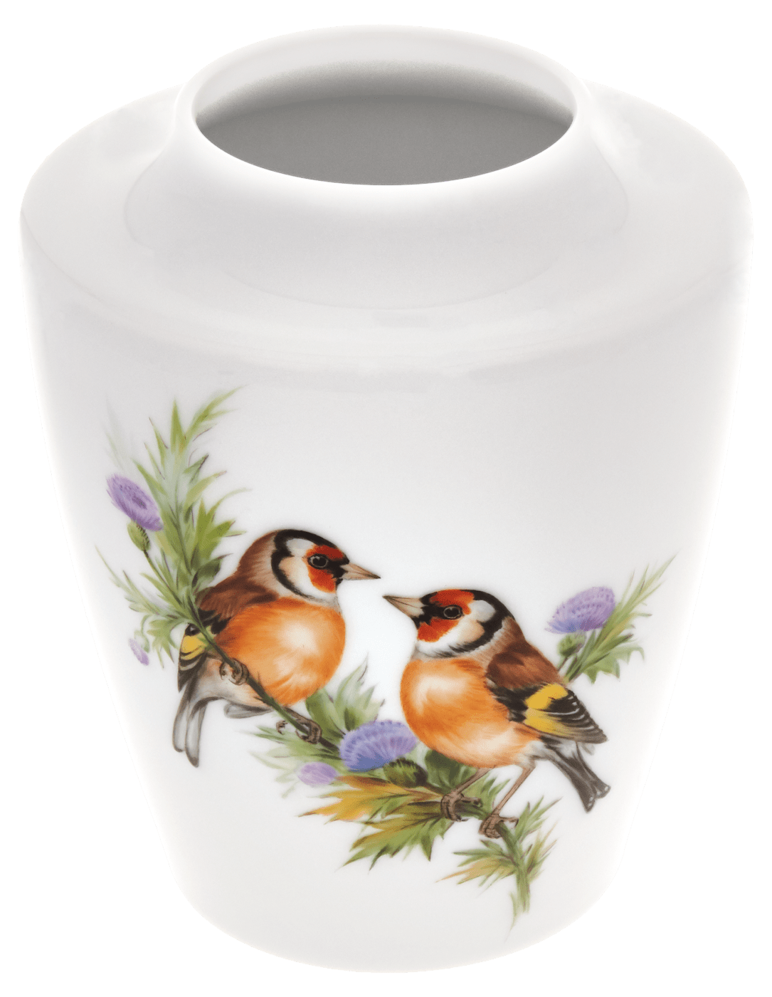 Vase, klein, Vogelmalerei, 3 Stieglitze auf Distelzweig, H 13,5 cm | Accessoires Meissen Cosmopolitan 26C032 - 50532 - Meissen Weimar