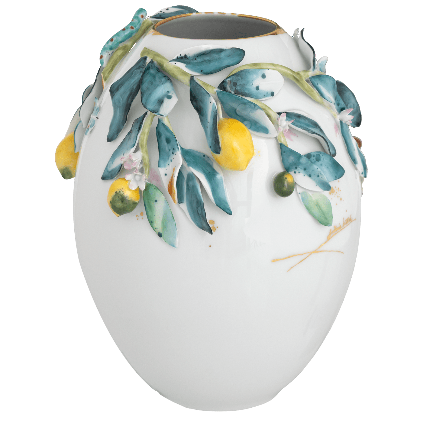 Vase mit plastischen Zitronenzweigen, Echse und Schmetterlingen, H 25 cm | Meissen Unikate 63c061 - u6442 - Meissen Weimar