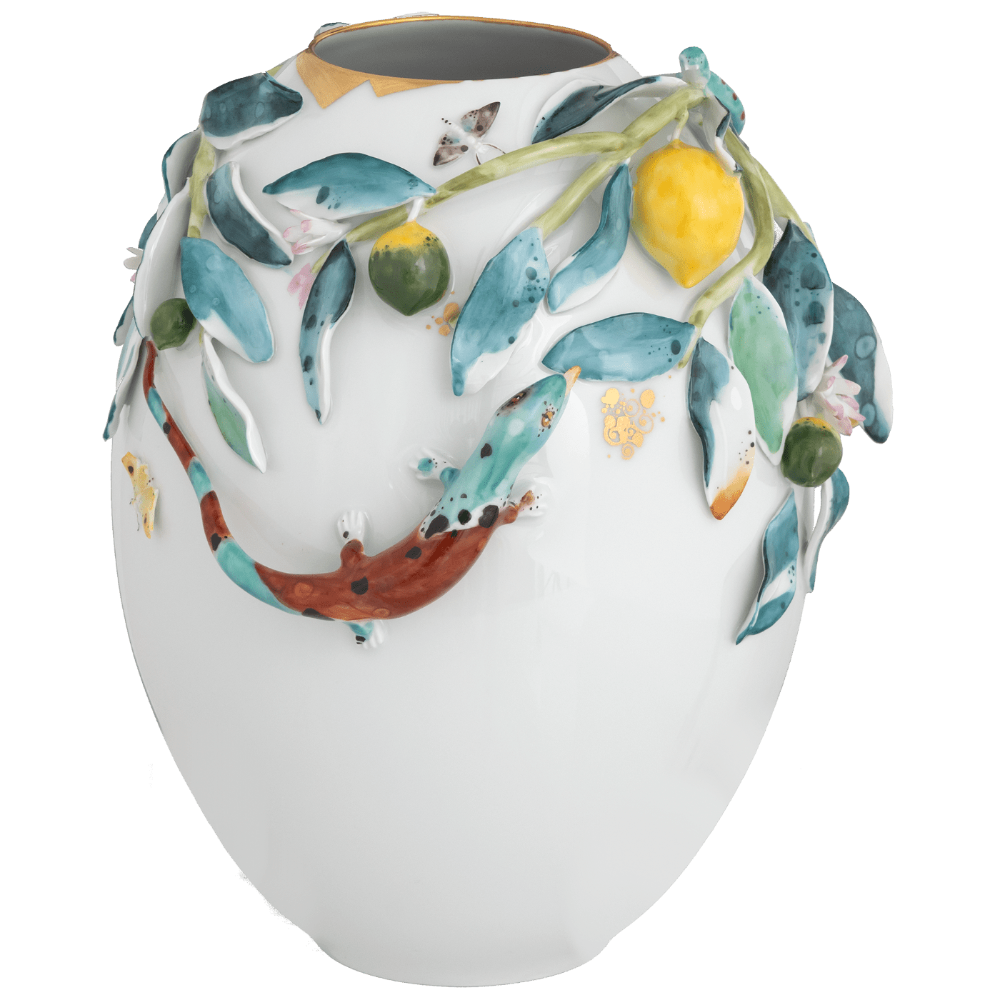 Vase mit plastischen Zitronenzweigen, Echse und Schmetterlingen, H 25 cm | Meissen Unikate 63c061 - u6442 - Meissen Weimar