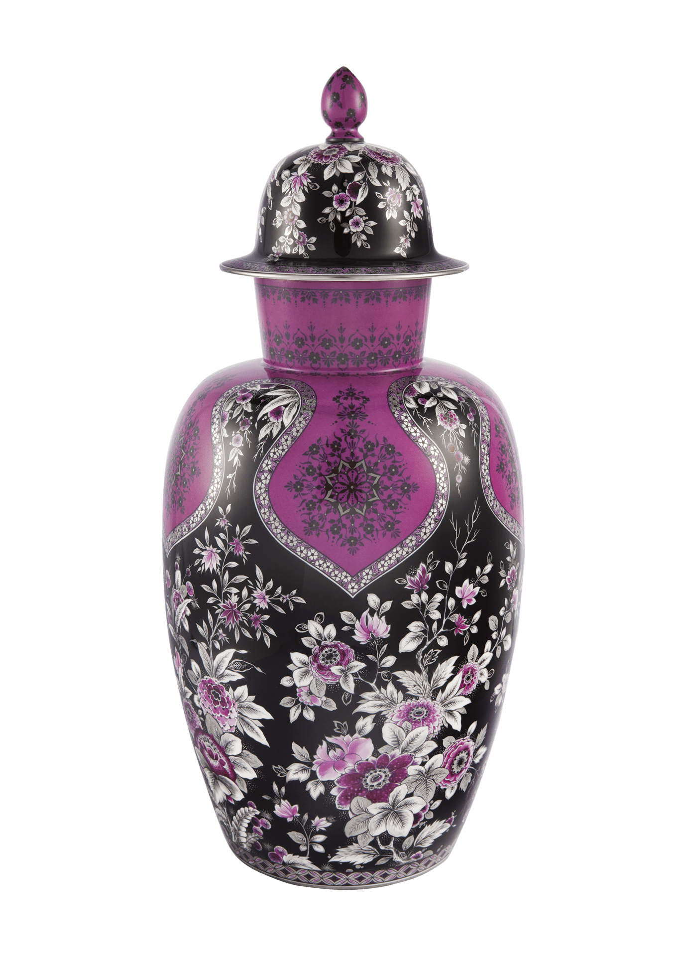 Vase Reiche indische Malerei, purpur, schwarz und platin, H 53 cm, limitiert | Meissen Limitierte Meisterwerke 57a184 - 51114 - Meissen Weimar