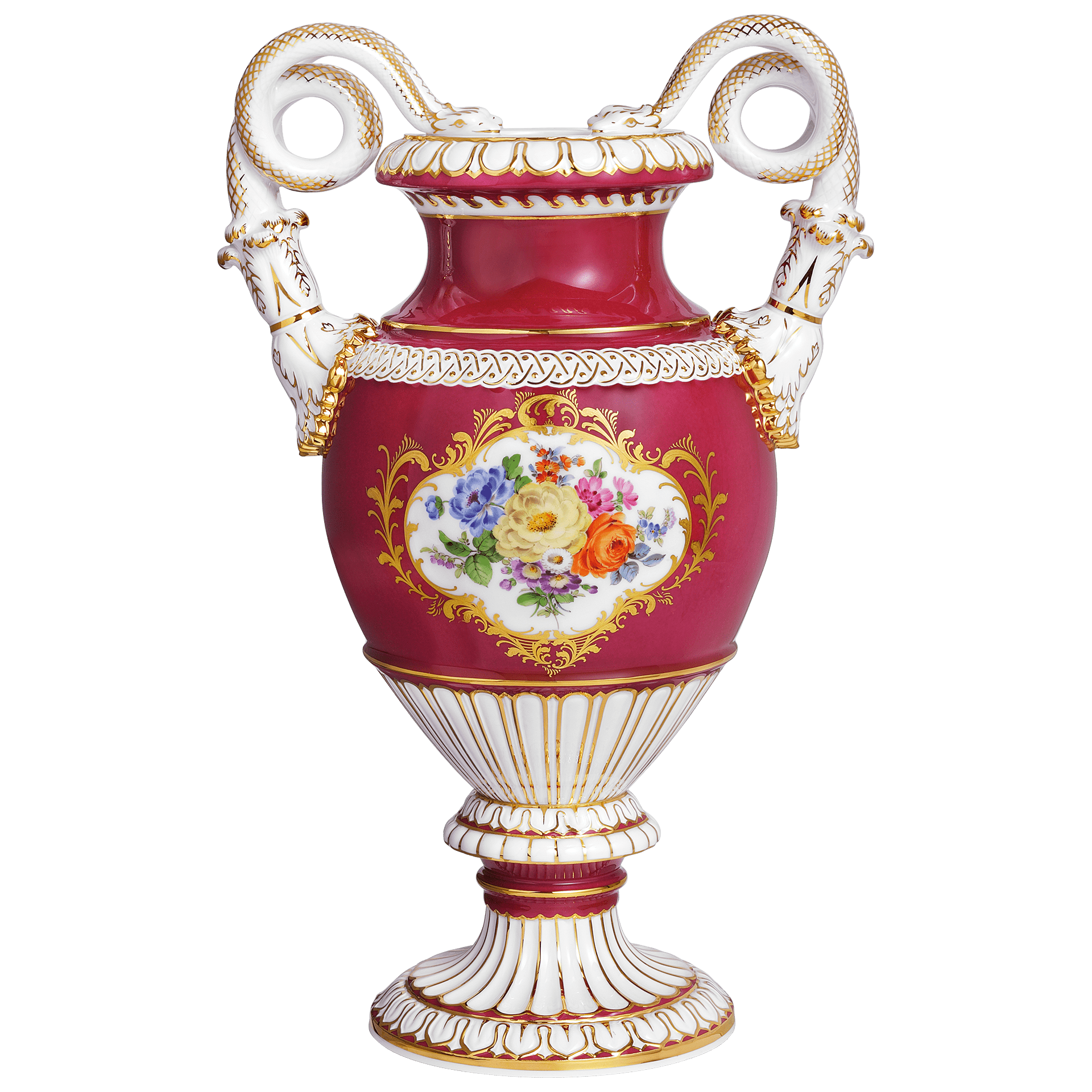 Vase Rot mit Blumenbukett, Höhe 39 cm | Meissen Exklusiv - Kollektion 102480 - 50m32 - Meissen Weimar