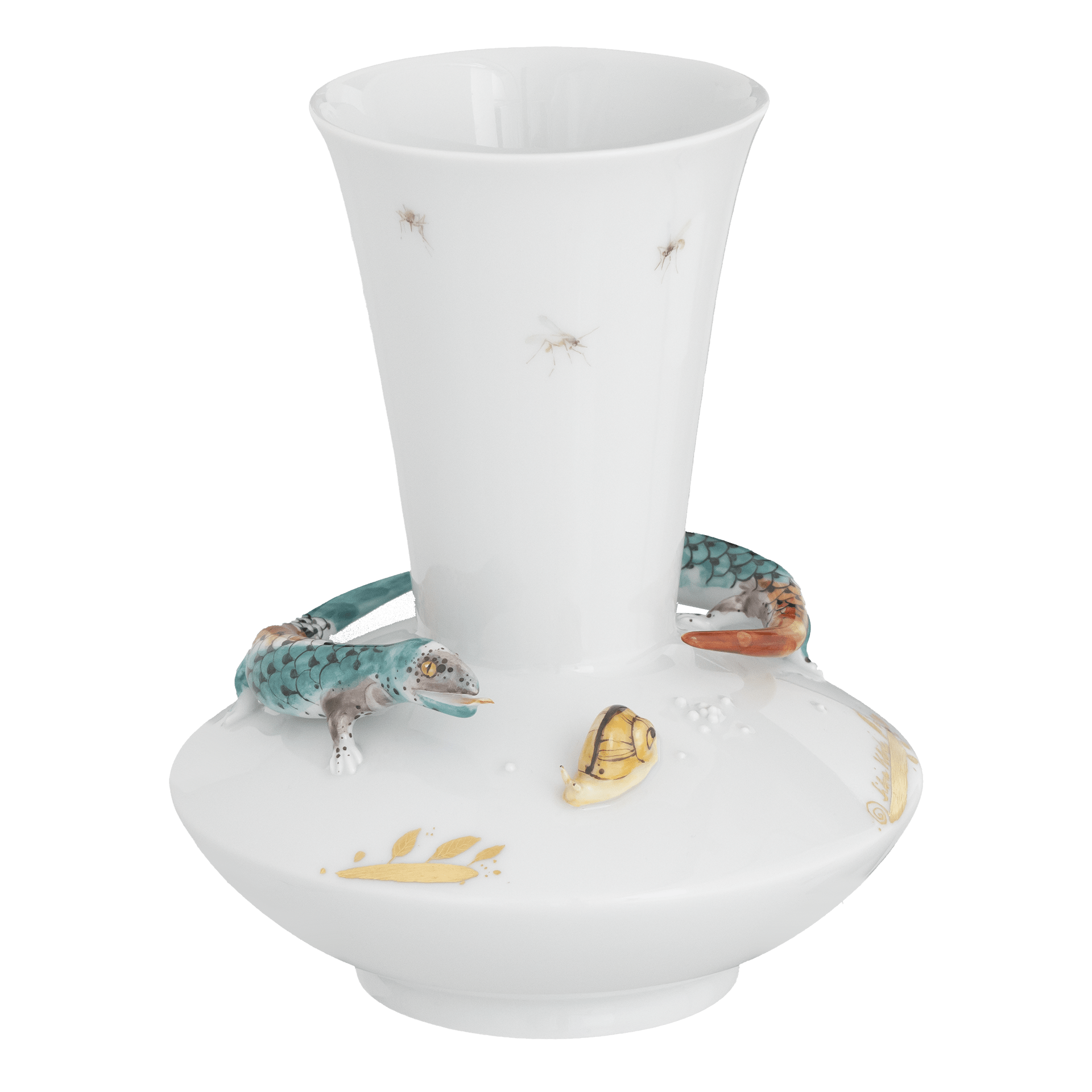 Vase, weiß mit Geckos und Schnecke, H 21 cm | Meissen Unikate 63c061 - u6440 - Meissen Weimar