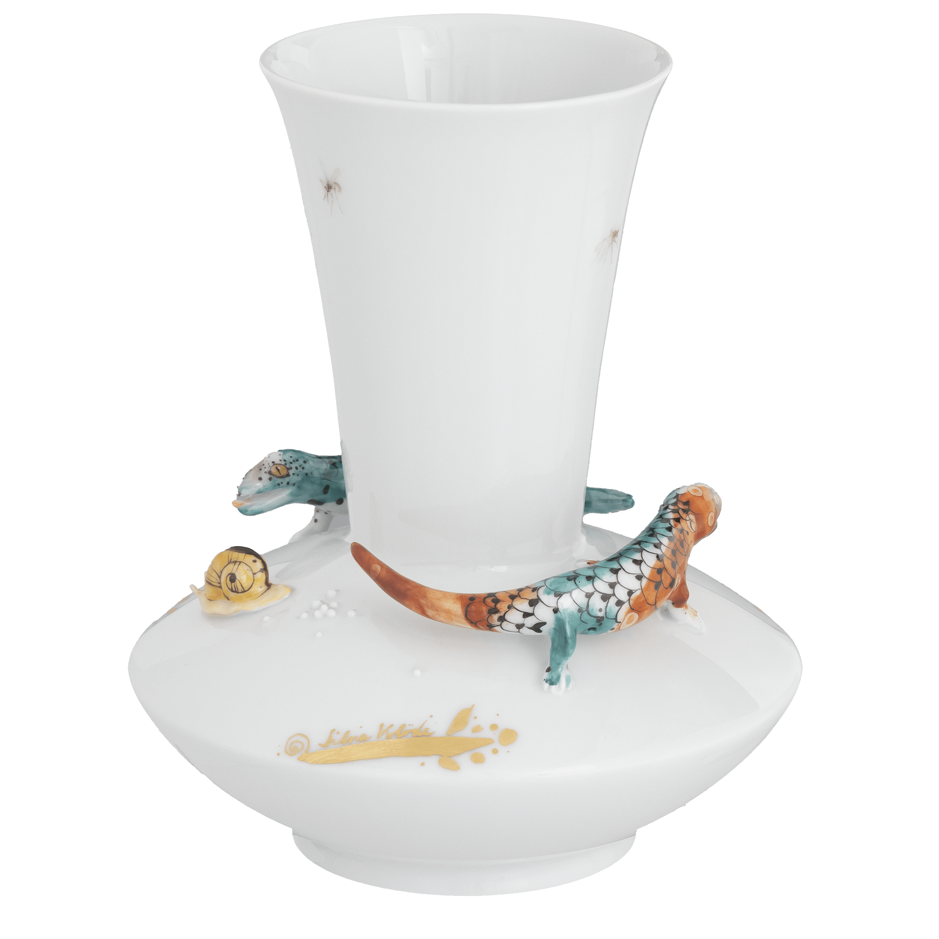 Vase, weiß mit Geckos und Schnecke, H 21 cm | Meissen Unikate 63c061 - u6440 - Meissen Weimar