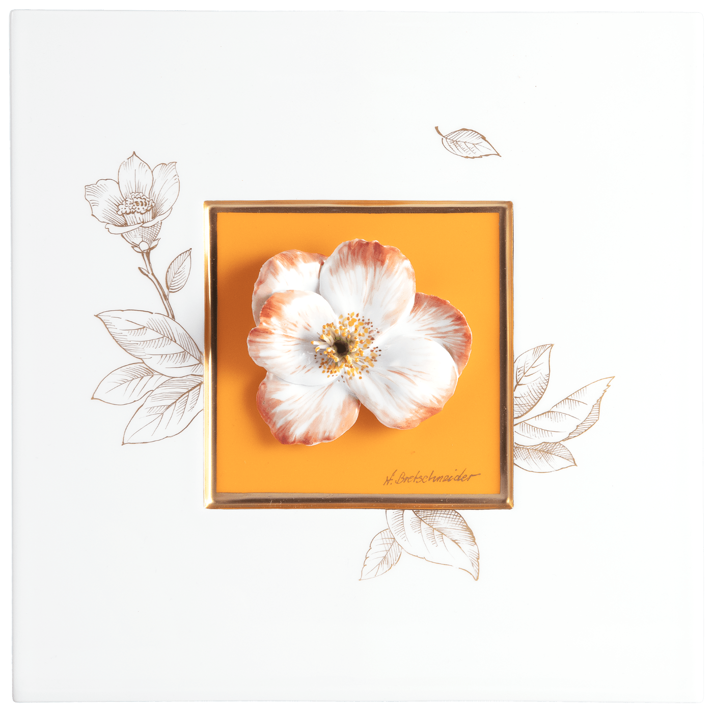 Wandbild mit Kamelienblüte, Orangefarbener Fond, H 23 cm | Meissen Atelier - Edition 932690 - 9m862 - Meissen Weimar