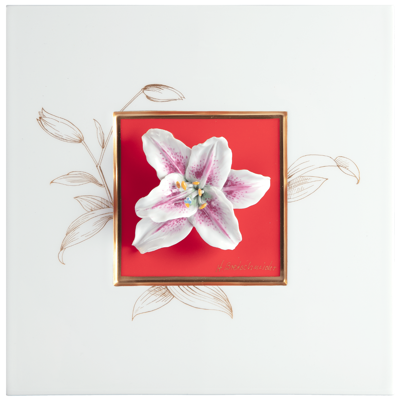 Wandbild mit Lilienblüte, Roter Fond, H 23 cm | Meissen Atelier - Edition 932590 - 9m861 - Meissen Weimar