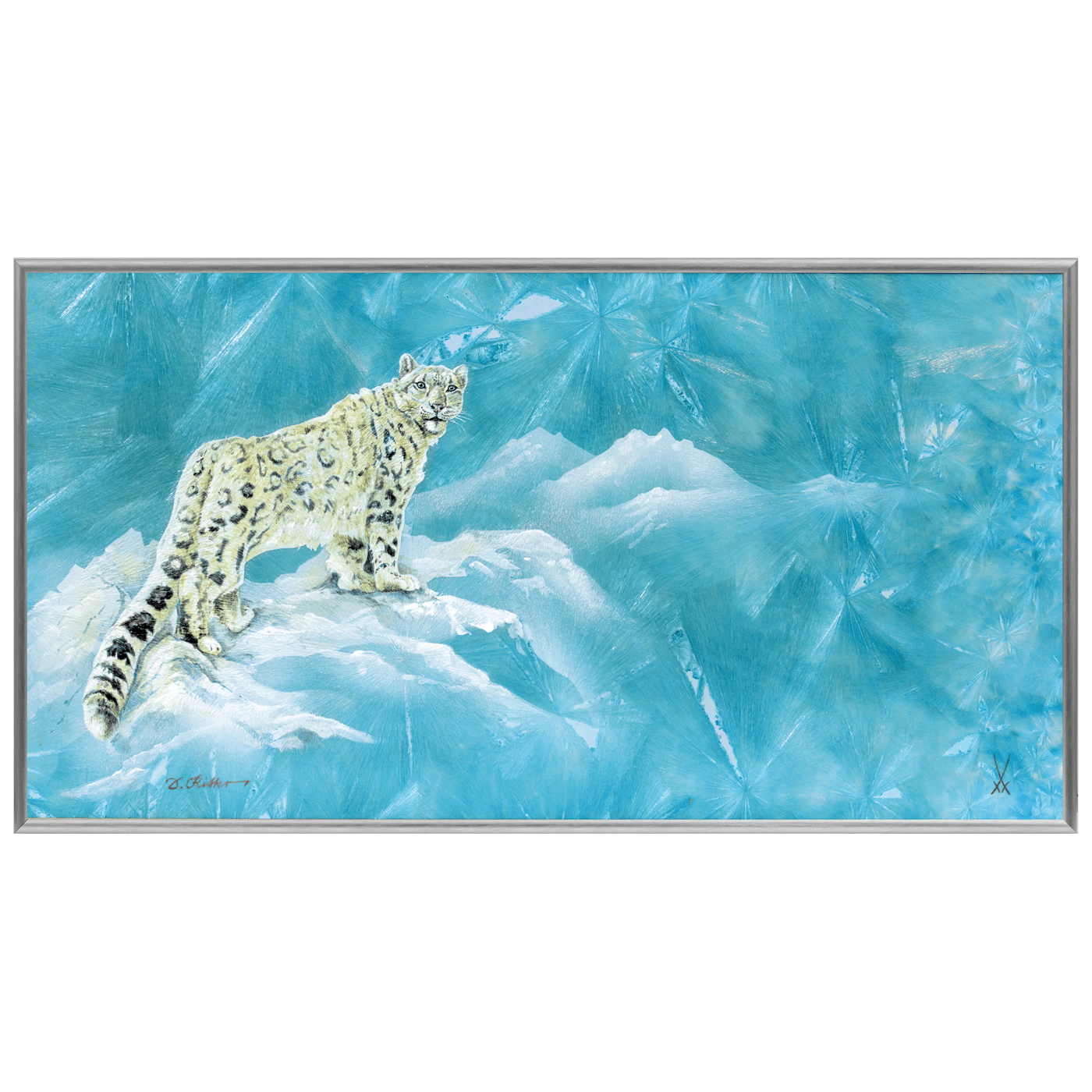Wandbild Schneeleopard Kristallglasur H 34 cm | Meissen Wandbilder - Edition 65c164 - 9ma72 - Meissen Weimar