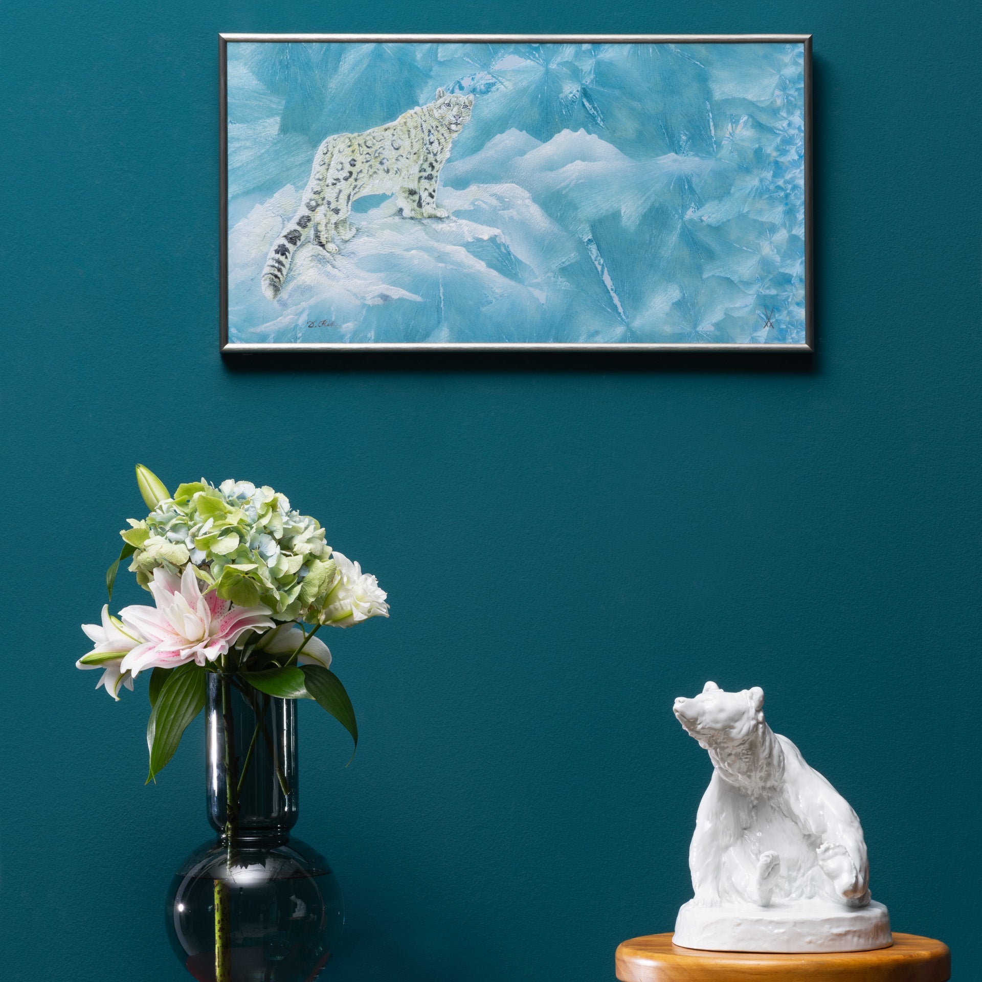Wandbild Schneeleopard Kristallglasur H 34 cm | Meissen Wandbilder - Edition 65c164 - 9ma72 - Meissen Weimar