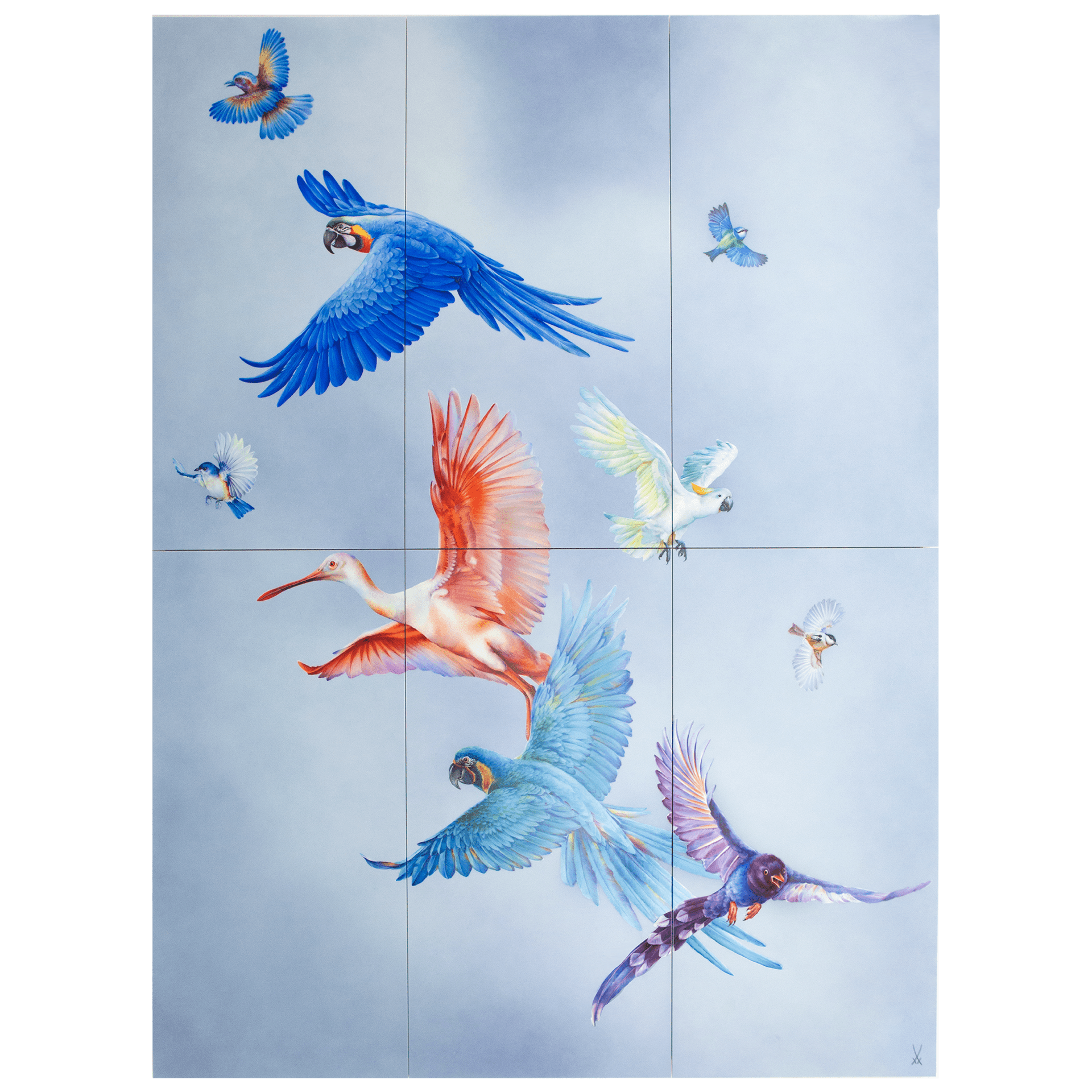 Wandbild Vogelschwarm mit neun Exoten, H 120 cm | Meissen Wandbilder - Edition 936s12 - 9m577 - Meissen Weimar