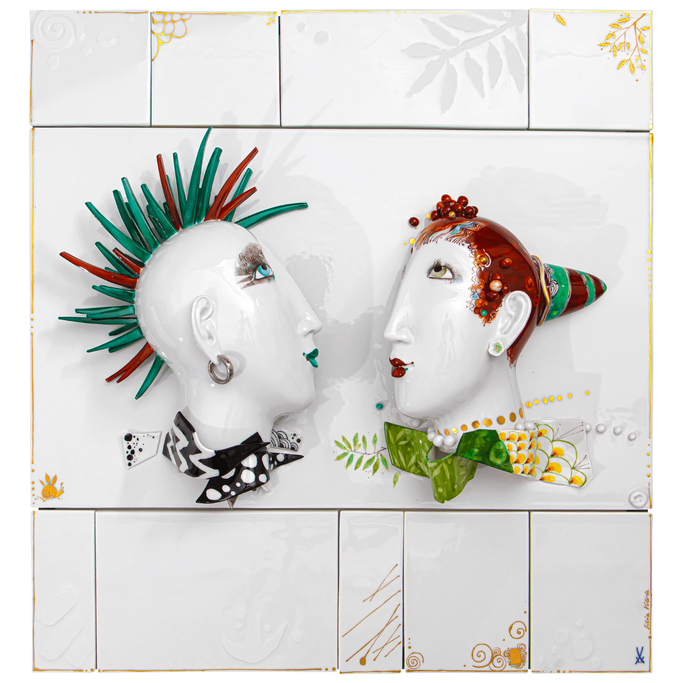 Wandbild Zwiegespräch Porzellan H 47 cm Unikat | Meissen Unikate 63c061 - u6247 - Meissen Weimar